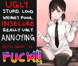 Rule 34 | 1girl, absurdres, advertising, black hair, black necktie, black thighhighs, blush, buttoned cuffs, buttons, cellphone, chainsaw man, collared shirt, double v, english text, female focus, hair ornament, hairclip, higashiyama kobeni, highres, holding, holding phone, looking at viewer, mole, mole under eye, mole under mouth, multiple moles, necktie, parody, parted lips, phone, piro (piropoi), pornography, profanity, seiza, shirt, short hair, short ponytail, side ponytail, single sidelock, sitting, smartphone, smile, solo, sweat, swept bangs, thighhighs, twitter username, v, watermark, white shirt, zettai ryouiki