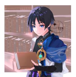 1boy absurdres anemo_symbol_(genshin_impact) aqua_gemstone armor black_bodysuit black_bridal_gauntlets black_hair black_shorts blue_cape blue_eyes blue_kimono blue_pupils bodysuit book bookshelf border bridal_gauntlets cape closed_mouth colored_inner_hair covered_collarbone eyeliner eyeshadow feathers genshin_impact gold gold_ring han&#039;eri happa_rin highres holding holding_book japanese_armor japanese_clothes kimono kote kurokote layered_kimono looking_at_viewer makeup male_focus mandarin_collar middle_ring multicolored_hair open_clothes open_kimono pom_pom_(clothes) purple_hair purple_rope red_eyeliner red_eyeshadow rope scaramouche_(genshin_impact) shorts shoulder_peek smile solo three_quarter_view upper_body vision_(genshin_impact) wanderer_(genshin_impact) watermark white_border white_kimono white_trim yellow_feathers