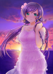 Rule 34 | 10s, 1girl, blush, breasts, earrings, female focus, flower, gradient background, green eyes, hair flower, hair ornament, jewelry, large breasts, long hair, looking at viewer, love live!, love live! school idol festival, love live! school idol project, ocean, purple hair, sha (shareddelicious), sky, smile, solo, sunset, tojo nozomi, twintails, water