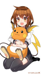 Rule 34 | 10s, 1girl, 2015, bad id, bad pixiv id, black thighhighs, blush, brown eyes, brown hair, creatures (company), crossover, dated, fang, full body, game freak, gen 1 pokemon, hair ornament, hairclip, highres, hug, ikazuchi (kancolle), kantai collection, kuro chairo no neko, miniskirt, name connection, nintendo, open mouth, pleated skirt, pokemon, pokemon (creature), pun, raichu, school uniform, seiza, serafuku, short hair, simple background, sitting, skirt, thighhighs, twitter username, white background