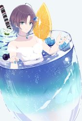 Rule 34 | 1girl, absurdres, ahoge, asakura toru, bare arms, bare shoulders, blue eyes, blue hair, blue nails, blueberry, blush, breasts, closed mouth, collarbone, cup, dress, drink, drinking glass, food, fruit, gradient hair, grey background, highres, ice, ice cream, ice cube, idolmaster, idolmaster shiny colors, in container, in cup, jewelry, looking at viewer, mini person, minigirl, multicolored hair, nail polish, necklace, off-shoulder dress, off shoulder, orange (fruit), orange slice, parted bangs, partially submerged, purple hair, shimashi (mori no sato), short hair, simple background, small breasts, smile, solo, white dress