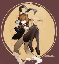 Rule 34 | 10s, 1girl, alternate costume, animal ears, artist name, black footwear, black pantyhose, bow, bowtie, brown eyes, brown hair, card, character name, fake animal ears, holding, holding card, kantai collection, lansane, leotard, long sleeves, looking at viewer, pantyhose, playboy bunny, poker chip, rabbit ears, shoes, short hair, solo, wakaba (kancolle)