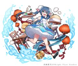 Rule 34 | 1girl, :d, arm warmers, baozi, black footwear, blue eyes, blue hair, bun cover, chair, double bun, dress, dumpling, food, full body, holding, holding tray, long hair, looking at viewer, official art, open mouth, paper balloon, rice bowl, shirako miso, shoumetsu toshi 2, smile, solo, spoon, standing, table, tray, twintails, watermark
