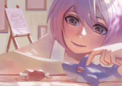 Rule 34 | 1girl, bad id, bad pixiv id, bare arms, boned meat, brown eyes, button eyes, buttons, commentary request, eye reflection, food, hair between eyes, indoors, looking down, meat, original, painting (object), parted lips, playing, purple hair, reflection, sharp teeth, short hair, smile, solo, teeth, toy, zakusi