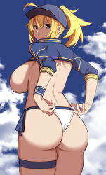 Rule 34 | 1girl, absurdres, adjusting clothes, adjusting swimsuit, artoria pendragon (fate), ass, baseball cap, bikini, blue sky, breasts, cloud, commentary request, day, fate/grand order, fate (series), from behind, hat, highleg, highres, huge ass, imuzi, large breasts, long hair, looking at viewer, looking back, mysterious heroine x (fate), mysterious heroine xx (fate), open mouth, outdoors, parted lips, ponytail, shiny skin, side-tie bikini bottom, simple background, sky, smile, swimsuit, thigh strap, thighs, topless, twisted torso, wristband