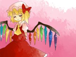 Rule 34 | 1girl, arm behind back, ascot, bad id, bad pixiv id, blonde hair, blouse, bow, closed eyes, comic, embodiment of scarlet devil, female focus, flandre scarlet, gradient background, hair bow, hammer (sunset beach), hat, shirt, side ponytail, silent comic, skirt, smile, solo, touhou, wings