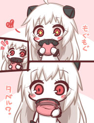 Rule 34 | + +, 1girl, abyssal ship, ahoge, blush, blush stickers, colored skin, comic, commentary request, dress, eating, food, food on face, heart, holding, holding food, horns, kantai collection, komakoma (magicaltale), long hair, macaron, mittens, northern ocean princess, red eyes, translation request, very long hair, white dress, white hair, white mittens, white skin