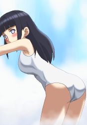 Rule 34 | 1girl, armpits, awa, blunt bangs, covered mouth, cowboy shot, day, from side, hyuuga hinata, jaggy lines, lowres, naruto, naruto (series), oekaki, one-piece swimsuit, outdoors, solo, swimsuit, white one-piece swimsuit