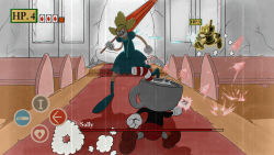 Rule 34 | 1930s (style), 1girl, 2boys, black shirt, blonde hair, blue dress, blue footwear, brown footwear, bullet, character name, chromatic aberration, church, commentary, cuphead, cuphead (game), dark souls (series), dark souls i, dress, firing, gameplay mechanics, grin, health bar, highres, holding, holding umbrella, indoors, looking at another, mugman, multiple boys, parody, perspective, puffy short sleeves, puffy sleeves, red shorts, retro artstyle, ruins, running, sally stageplay, shirt, shoes, short sleeves, shorts, smile, smoke, standing, umbrella, viperxtr