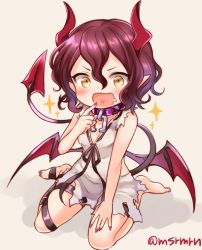 Rule 34 | + +, 1girl, :d, bad id, bad pixiv id, bare arms, bare shoulders, barefoot, black ribbon, blush, breasts, brown background, brown eyes, chain, collar, covered erect nipples, demon girl, demon horns, demon tail, demon wings, dress, drooling, fang, finger to mouth, full body, hair between eyes, hand on leg, heart, heart in mouth, horns, looking at viewer, lucy malebolge, mashiro miru, nail polish, open mouth, pointing, pointing at self, pointy ears, purple collar, purple hair, red nails, ribbon, ribbon-trimmed dress, saliva, shironeko project, short hair, simple background, sitting, sleeveless, sleeveless dress, small breasts, smile, solo, sparkle, tail, toenail polish, toenails, torn clothes, torn dress, twitter username, v-shaped eyebrows, wariza, wavy mouth, white dress, wings