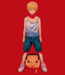 Rule 34 | 1boy, aged down, am88121, arms at sides, bare arms, bare shoulders, black eyes, blonde hair, blue shorts, chainsaw, chainsaw man, collarbone, commentary request, creature, denji (chainsaw man), full body, highres, legs apart, looking at viewer, male focus, pochita (chainsaw man), red background, shirt tucked in, shoes, short hair, shorts, simple background, sneakers, standing, tank top, tongue, tongue out, white footwear, white tank top, yellow eyes