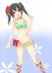 Rule 34 | 10s, 1girl, bad id, bad pixiv id, bikini, black hair, blue background, blush, cross-laced footwear, earrings, floral background, flower, frilled bikini, frills, fuuma (humawww), gradient background, hair flower, hair ornament, hibiscus, highres, jewelry, long hair, looking at viewer, love live!, love live! school idol project, natsuiro egao de 1 2 jump!, navel, necklace, open mouth, red eyes, ribbon, smile, solo, swimsuit, twintails, v, yazawa nico