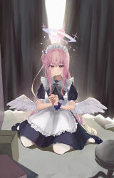 Rule 34 | 1girl, absurdres, apron, black ribbon, blue archive, blush, book, box, curtains, feathered wings, hair bun, halo, highres, jsscj, long hair, looking at viewer, maid, maid apron, maid headdress, mika (blue archive), neck ribbon, pink hair, pink halo, ribbon, scrunchie, single side bun, sitting, smile, solo, wariza, white wings, wings, wrist scrunchie