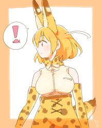 Rule 34 | !, 1girl, animal ears, bare shoulders, blonde hair, bow, bowtie, cat ears, cat girl, cat tail, commentary, commentary request, cowboy shot, elbow gloves, extra ears, gloves, high-waist skirt, highres, kemono friends, looking away, print bow, print bowtie, print gloves, print neckwear, print skirt, serval (kemono friends), serval print, shirt, short hair, skirt, sleeveless, solo, speech bubble, spoken exclamation mark, symbol-only commentary, tail, traditional bowtie, wamawmwm, white shirt, yellow eyes