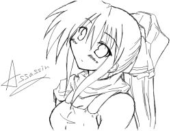 Rule 34 | 1girl, assassin, assassin (ragnarok online), bare shoulders, breasts, character name, cleavage, closed mouth, greyscale, head tilt, kaminagi (kaminagi-tei), long hair, looking at viewer, medium breasts, monochrome, ponytail, ragnarok online, scarf, sidelocks, simple background, sketch, sleeveless, smile, solo, tsurime, upper body, white background
