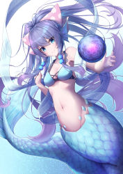 Rule 34 | 1girl, absurdres, bikini, bikini top only, blue bikini, blue eyes, blush, bow, breasts, cleavage, closed mouth, commentary request, fins, hair bow, head fins, highres, kneeless mermaid, looking at viewer, medium breasts, mermaid, messiah &amp; crea, monster girl, navel, original, pink bow, polka dot, polka dot bow, ponytail, purple hair, scales, sidelocks, smile, solo, swimsuit