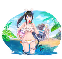 Rule 34 | 2girls, absurdres, ball, beach, beachball, bikini, black hair, blouse, blue eyes, blue ribbon, bow, bra, breasts, enoch (soul worker), flower, food, food in mouth, frilled bra, frilled swimsuit, frills, green bikini, grey hair, hair between eyes, hat, headphones, highres, holding, holding food, jack the king (soulworker), long hair, medium breasts, multiple girls, noa (soulworker), partially submerged, ponytail, popsicle, ribbon, see-through, see-through skirt, shallow water, shirt, signature, skirt, sky, soulworker, straw hat, striped clothes, striped shirt, suvin (mononochi), swimsuit, underboob, underwear, wading, water, watermelon bar, white bikini, white ribbon