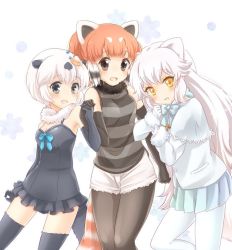 Rule 34 | 3girls, animal ears, arctic fox (kemono friends), bare shoulders, black fur, black gloves, black legwear, black one-piece swimsuit, black shirt, blue neckwear, blue skirt, blush, bow, bowtie, brown eyes, californian sea otter (kemono friends), capelet, commentary request, cowboy shot, cutoffs, elbow gloves, extra ears, fox ears, fox girl, fox tail, frilled swimsuit, frills, fur collar, fur trim, gloves, grey eyes, grey gloves, grey hair, grey legwear, grey one-piece swimsuit, holding hands, kemono friends, kuromitsu (9633 kmfr), lesser panda (kemono friends), long hair, long sleeves, looking at viewer, multicolored hair, multiple girls, one-piece swimsuit, otter ears, otter girl, otter tail, panda ears, panda girl, panda tail, pantyhose, pleated skirt, red hair, shirt, short hair, short shorts, shorts, sidelocks, skirt, sleeveless, striped clothes, striped shirt, swimsuit, tail, thighhighs, two-tone hair, white capelet, white fur, white gloves, white hair, white legwear, white shorts, winter clothes, yellow eyes, zettai ryouiki