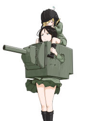 Rule 34 | 10s, 2girls, 9so (ponchon), black footwear, black hair, black skirt, blonde hair, blue eyes, blush stickers, boots, carrying, closed eyes, commentary, cosplay, cowboy shot, girls und panzer, green jacket, hands on another&#039;s head, helmet, highres, jacket, katyusha (girls und panzer), kv-2, kv-2 (cosplay), long hair, long sleeves, military, military uniform, military vehicle, miniskirt, motor vehicle, multiple girls, nonna (girls und panzer), pleated skirt, saliva, short hair, short jumpsuit, shoulder carry, simple background, skirt, sleeping, sleeping on person, standing, swept bangs, tank, tank helmet, uniform, white background