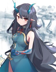 Rule 34 | aqua dress, arknights, black hair, blue skin, china dress, chinese clothes, colored skin, dragon girl, dragon horns, dress, dusk (arknights), dusk (everything is a miracle) (arknights), earrings, gradient skin, green horns, highres, horns, jewelry, long hair, multicolored hair, pointy ears, red eyes, sleeveless, sleeveless dress, streaked hair, tassel, tassel earrings, yachioni