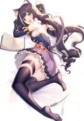 Rule 34 | 1girl, afterimage, animal ear fluff, animal ears, arms up, ass, bare shoulders, bed sheet, black hair, black thighhighs, blouse, blue sleeves, blush, book, breasts, bridal garter, cat ears, cat girl, cat tail, cattail, clothing cutout, commentary request, detached sleeves, fang, frilled skirt, frills, green eyes, highres, karyl (princess connect!), long hair, long sleeves, looking at viewer, low twintails, medium breasts, no shoes, nose blush, open book, open mouth, plant, princess connect!, purple skirt, ringlets, ririko (zhuoyandesailaer), shirt, skirt, sleeveless, sleeveless shirt, sleeves past wrists, soles, solo, tail, tail raised, tail through clothes, thighhighs, tickling, tickling feet, twintails, v-shaped eyebrows, very long hair, white shirt, wide sleeves