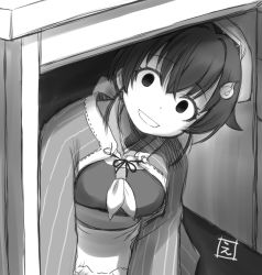 Rule 34 | 1girl, apron, bandana, breasts, commentary request, desk, ebifly, empty eyes, greyscale, hair flaps, hair ornament, jingei (kancolle), kantai collection, long sleeves, monochrome, neckerchief, open mouth, shawl, signature, sitting, solo, under table, waist apron, yandere