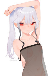 Rule 34 | 1girl, arm behind back, beijuu, black hair, blush, breasts, closed mouth, collarbone, dress, gradient hair, grey hair, long hair, looking at viewer, multicolored hair, navel, nipples, original, ponytail, red eyes, see-through, see-through dress, sidelocks, simple background, sleeveless, sleeveless dress, small breasts, smile, solo, strap slip, white background