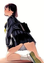 Rule 34 | 1girl, absurdres, bag, blush, breasts, brown eyes, brown hair, closed mouth, doushimasho, from side, highres, leg up, long sleeves, looking at viewer, looking back, medium breasts, original, pleated skirt, sailor collar, scan, school bag, school uniform, shiny skin, shoes, short hair, simple background, skirt, smile, socks, solo, thighs, white socks