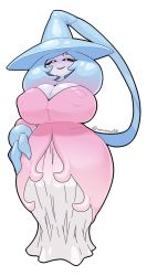 Rule 34 | 1girl, black sclera, blue hair, breasts, cleavage, colored sclera, covered erect nipples, creatures (company), game freak, gen 8 pokemon, gradient hair, half-closed eyes, hat, hatterene, highres, huge breasts, kaz an, multicolored hair, nintendo, pink hair, pokemon, pokemon (creature), simple background, smile, solo, two-tone hair, white background, wide hips, witch hat