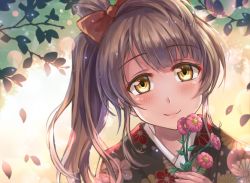 Rule 34 | 10s, 1girl, backlighting, bad id, bad pixiv id, blunt bangs, blush, bow, branch, brown hair, day, eyebrows, fingernails, floral print, flower, hair bow, happy, head tilt, holding, holding flower, japanese clothes, kimono, leaf, lens flare, long hair, looking at viewer, love live!, love live! school idol festival, love live! school idol project, miazi, minami kotori, one side up, outdoors, pink flower, portrait, red bow, side ponytail, silhouette, smile, solo, sunlight, sunset, tree, yellow eyes, yukata