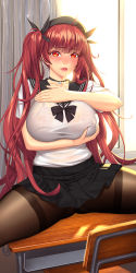 Rule 34 | 1girl, arm under breasts, azur lane, beret, black bow, black choker, black hat, black pantyhose, black ribbon, black sailor collar, black skirt, blush, bow, bra, bra visible through clothes, chair, choker, classroom, commentary, curtains, desk, english commentary, hair ribbon, hand on own chest, hat, highres, honolulu (azur lane), honolulu (umbrella girl) (azur lane), indoors, lace, lace bra, long hair, lucknight, miniskirt, paid reward available, pantyhose, parted lips, pleated skirt, red eyes, red hair, ribbon, sailor collar, school chair, school desk, school uniform, see-through, serafuku, shirt, short sleeves, skirt, spread legs, thighband pantyhose, twintails, underwear, very long hair, white bra, white shirt, window