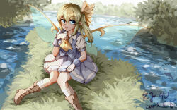 Rule 34 | 1girl, absurdres, ascot, blue skirt, blue vest, bow, brown footwear, chinese commentary, commentary request, cross-laced footwear, daiyousei, dated, grass, green hair, hair bow, highres, medium hair, outdoors, pointy ears, pzgr.40, short sleeves, signature, sitting, skirt, socks, solo, touhou, transparent wings, vest, white socks, wings, yellow ascot, yellow bow