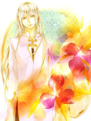Rule 34 | 1boy, chinese clothes, flower, fruits basket, light smile, long hair, looking away, male focus, minato iro, silver hair, solo, souma ayame, yellow eyes