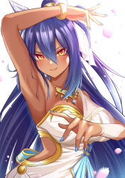 Rule 34 | 1girl, absurdres, animal ears, arm up, armpits, bare shoulders, black hair, blue nails, blush, breasts, cherry blossoms, cleavage, commentary request, dark-skinned female, dark skin, dress, ear covers, eve on k, falling petals, gem, gold bracelet, gold necklace, hair between eyes, highres, hishi amazon (hungry veil) (umamusume), hishi amazon (umamusume), horse ears, horse girl, jewelry, long hair, medium breasts, necklace, nontraditional wedding dress, official alternate costume, petals, ponytail, red eyes, smile, solo, umamusume, upper body, very long hair, wedding dress, white dress