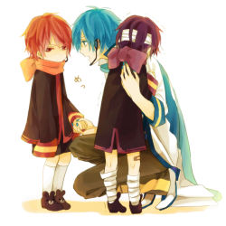 Rule 34 | 3boys, aged down, akaito, akiyoshi (tama-pete), bandages, blue hair, blue nails, blue scarf, bow, child, fatherly, headset, holding hands, hug, kaito (vocaloid), looking away, male focus, multiple boys, nail polish, purple hair, purple scarf, red hair, red nails, red scarf, scarf, shion taito, sleeves past wrists, socks, squatting, taito (vocaloid), trembling, vocaloid, white legwear