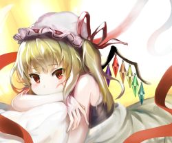 Rule 34 | 1860 (ichi), 1girl, bare shoulders, blonde hair, camisole, covering own mouth, crystal, flandre scarlet, gradient background, hat, hat ribbon, head rest, looking at viewer, mob cap, pillow, red eyes, red ribbon, ribbon, short hair, side ponytail, solo, touhou, under covers, white background, wings, yellow background