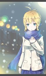 Rule 34 | 1girl, :o, ahoge, artoria pendragon (all), artoria pendragon (fate), bad id, bad pixiv id, blonde hair, blue eyes, blue scarf, blurry, blush, breath, city, coat, depth of field, fate/stay night, fate (series), highres, letterboxed, long sleeves, official alternate costume, saber (fate), scarf, short hair, skirt, snowing, solo, yomi (yomi14 pyaon)