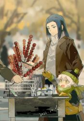 Rule 34 | 1other, 2boys, blue eyes, blue hair, blurry, blurry background, brown jacket, dated, food, food stand, gloves, green eyes, green scarf, highres, holding, holding phone, jacket, long hair, luo xiaohei, luo xiaohei (human), luo xiaohei zhanji, male focus, mei ren, multiple boys, outdoors, phone, scarf, shanzha (fruit), short hair, sweater, white hair, white sweater, winter clothes, wuxian (the legend of luoxiaohei), yellow gloves
