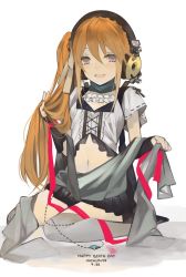 Rule 34 | 1girl, :d, black skirt, blouse, detached sleeves, frills, grey shirt, grey thighhighs, hair between eyes, hands up, happy birthday, happymaker, headphones, holding, long hair, looking at viewer, miniskirt, navel, open mouth, orange hair, over-kneehighs, p-ko (pichnopop), pichnopop, pleated skirt, purple eyes, rayvon, shirt, short sleeves, sidelocks, simple background, skirt, smile, solo, sound voltex, thighhighs, white background