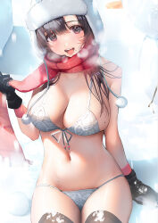 Rule 34 | 1girl, absurdres, black gloves, black hair, black thighhighs, bra, breasts, breath, brown eyes, cleavage, front-tie bra, gloves, hand up, highres, inushima, large breasts, long hair, mole, mole on breast, mole on crotch, open mouth, original, outdoors, panties, pom pom (clothes), red scarf, scarf, sitting, smile, snow, solo, tareme, thighhighs, underwear, underwear only, white bra, white headwear, white panties, winter