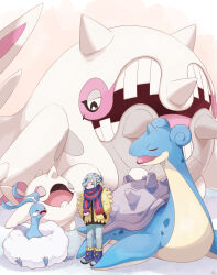 Rule 34 | 1boy, altaria, blue footwear, blue scarf, boots, cetitan, cetoddle, closed eyes, commentary request, creatures (company), eyelashes, game freak, gen 1 pokemon, gen 3 pokemon, green pants, grusha (pokemon), hands in pockets, highres, jacket, lapras, male focus, min (myna8247), nintendo, pants, poke ball print, pokemon, pokemon (creature), pokemon sv, scarf, scarf over mouth, standing, striped clothes, striped scarf, yellow jacket