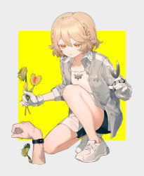 Rule 34 | 1girl, blonde hair, braid, collared shirt, corpse, disembodied hand, gardening, gloves, holding, holding plant, kneeling, legs, long sleeves, nurse robot type t, open clothes, open shirt, plant, shears, shirt, shoes, short hair, shorts, smartwatch, sneakers, solo focus, suteinua, utau, venus flytrap, white footwear, wristwatch, yellow eyes