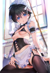 Rule 34 | 1girl, :o, alternate costume, apron, arm garter, bare shoulders, bikini, black bikini, black panties, black ribbon, black thighhighs, black wrist cuffs, blush, breasts, cameltoe, commentary request, corset, cross-laced clothes, enmaided, garter straps, genderswap, genderswap (mtf), hair between eyes, highres, houshin engi, indoors, lens flare, maid, maid headdress, mimoza (96mimo414), mob, navel, neck ribbon, panties, pantyshot, parted lips, ribbon, small breasts, solo, swimsuit, taikoubou, thighhighs, underboob, underwear, waist apron, white apron, window, wrist cuffs
