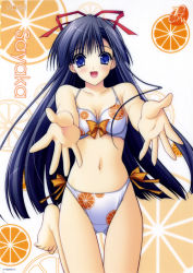 Rule 34 | 00s, 1girl, barefoot, bikini, blue eyes, blue hair, blush, bow, breasts, cleavage, feet, food, food-themed clothes, fruit, hair ribbon, leg lift, long hair, matching hair/eyes, medium breasts, nagase sayaka, orange (fruit), orange slice, orange theme, outstretched arms, outstretched hand, reaching, reference work, ribbon, solo, soul link, suzuhira hiro, swimsuit, very long hair