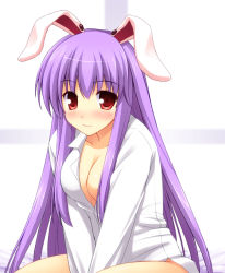 Rule 34 | 1girl, animal ears, ash (pixiv53802), blush, breasts, rabbit ears, cleavage, female focus, long hair, naked shirt, no bra, purple hair, red eyes, reisen udongein inaba, shirt, smile, solo, touhou, v arms, very long hair