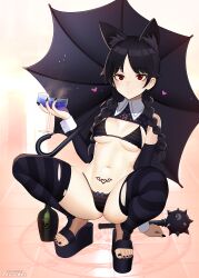 Rule 34 | 1girl, addams family, animal ears, ass, bad id, bad pixiv id, bare shoulders, bikini, black bikini, black hair, black nails, bottle, braid, breasts, cat ears, cup, detached sleeves, drinking glass, heart, high heels, highres, long hair, looking at viewer, mace, medium breasts, nail polish, navel, platform footwear, pubic tattoo, red eyes, rezodwel, sandals, solo, spiked mace, spikes, spread legs, squatting, striped, swimsuit, tattoo, thighhighs, tiptoes, toeless footwear, toenail polish, toenails, torn clothes, torn thighhighs, twin braids, umbrella, weapon, wedge heels, wednesday addams