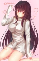 Rule 34 | 1girl, blush, breasts, dress, fate/grand order, fate (series), long hair, looking at viewer, mhmhtnm, purple hair, red eyes, ribbed sweater, scathach (fate), scathach (fate), smile, solo, sweater, sweater dress, tanaji, turtleneck