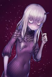 Rule 34 | 1girl, albino, bags under eyes, black dress, breasts, commentary request, covered navel, dress, expressionless, fate/grand order, fate (series), horns, hrtyuk, lavinia whateley (fate), long hair, long sleeves, looking at viewer, purple background, purple eyes, silver hair, single horn, small breasts, solo, wide-eyed