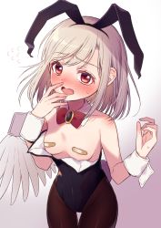 Rule 34 | 1girl, angel wings, animal ears, areola slip, bandaid, bandaids on nipples, black pantyhose, blush, bow, bowtie, breasts, breasts apart, commentary request, crying, crying with eyes open, detached collar, fake animal ears, flying sweatdrops, hair between eyes, highres, kishin sagume, leotard, looking at viewer, open mouth, pantyhose, pasties, playboy bunny, rabbit ears, red bow, red bowtie, red eyes, short hair, silver hair, single wing, small breasts, solo, tears, touhou, touya (konpekitou), wings, wrist cuffs