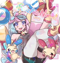 Rule 34 | 1girl, 2023, aqua hair, blush, boots, character hair ornament, creatures (company), fu (tk1189227dhy), game freak, gen 3 pokemon, hair ornament, happy new year, iono (pokemon), legs, looking at viewer, minun, multicolored hair, new year, nintendo, one eye closed, open mouth, pink hair, plusle, pokemon, pokemon (creature), pokemon sv, sharp teeth, smile, spanish text, teeth, thigh strap, two-tone hair